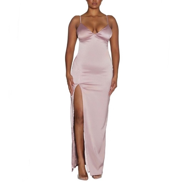 NWT Naked Wardrobe Satin Dreams Side Slit Slip Maxi Dress Blush Pink size M - Picture 1 of 11